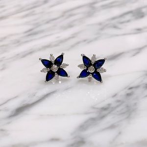 Floral white cubic zirconia & blue lab sapphire earrings